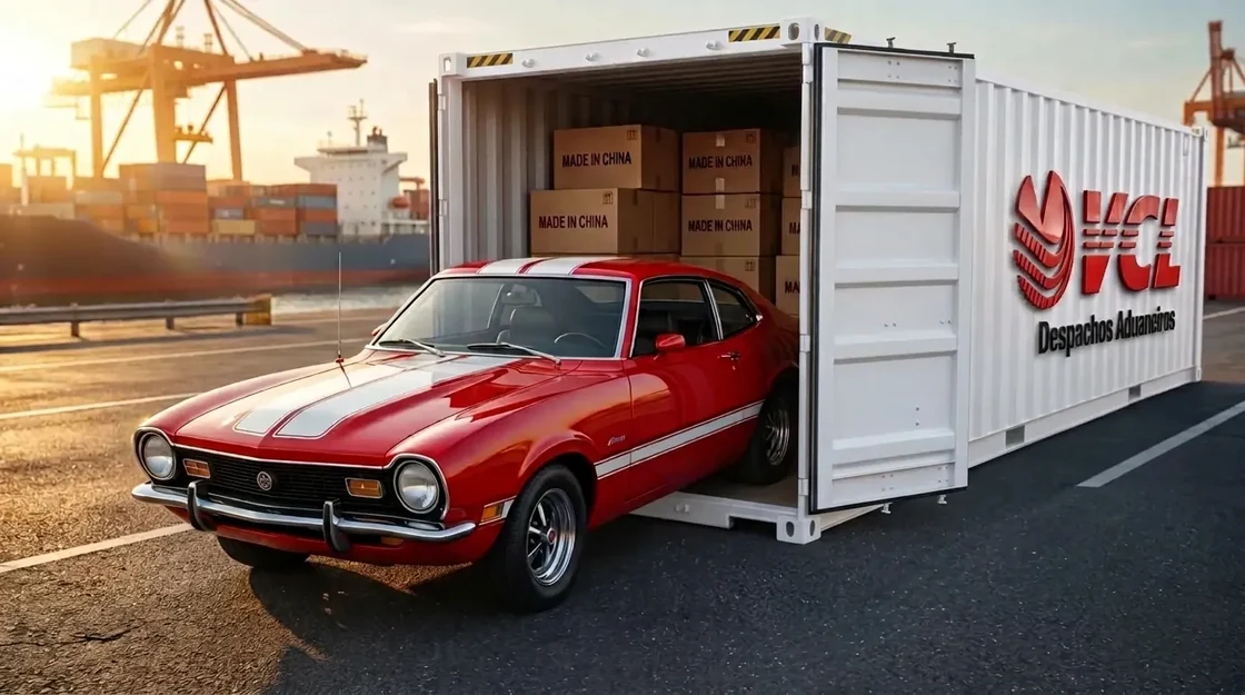 Carro importado dentro do container no porto, servicos de despacho aduaneiro da VCL Comex